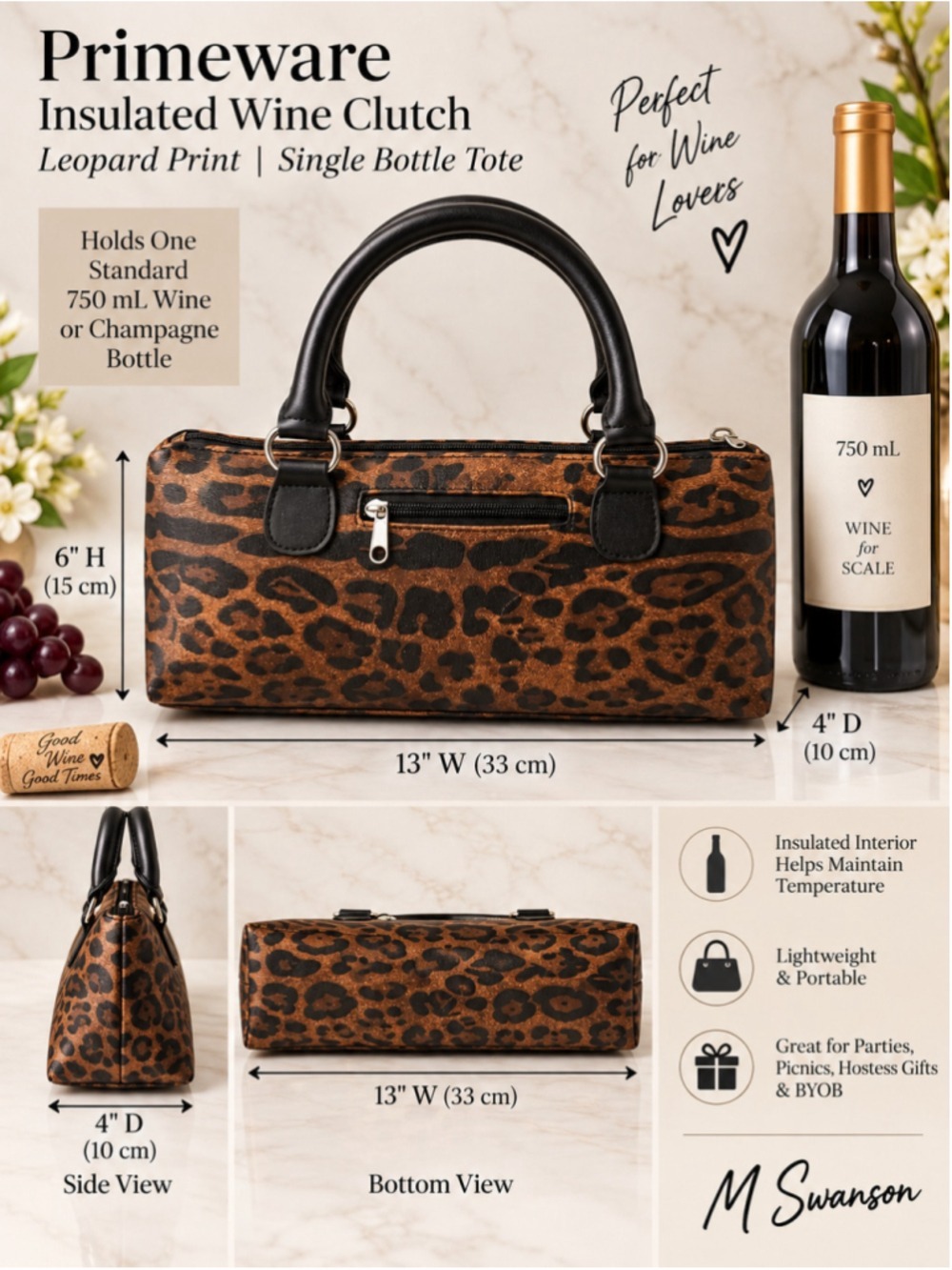 NEW Primeware Leopard Print Insulated Wine Clutch Single Bottle Tote NWOT - Picture 3 of 6